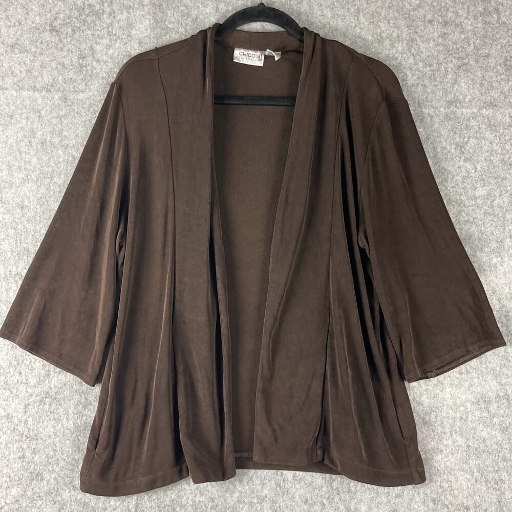 Chicos Travelers Cardigan Womens Large 2 Brown Slinky Knit Open Front Casual
